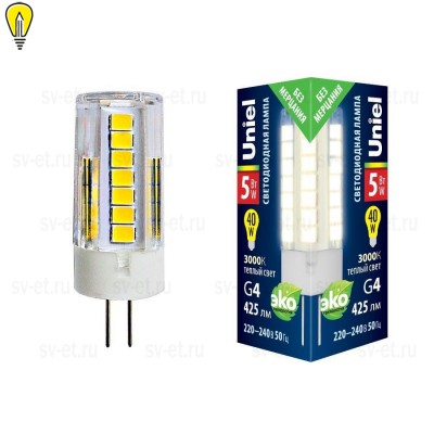 Лампа светодиодная (UL-00006744) Uniel G4 5W 3000K прозрачная LED-JC-220/5W/3000K/G4/CL GLZ09TR