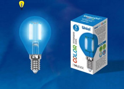 Лампа светодиодная филаментная (UL-00002989) Uniel E14 5W синий LED-G45-5W/BLUE/E14 GLA02BL